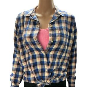 Madewell - NWOT - Blue Pink & Cream Plaid Button-Down Shirt with Tie Front